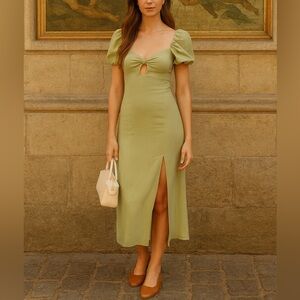 Dynamite Linen Elegant Green Puff Sleeve Dress BNWT